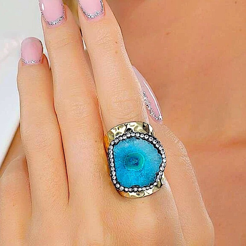GOLD BLUE AGATE RESIN SOLAR QUARTZ ADJUSTABLE RING